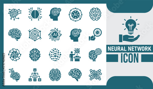 Comprehensive Neural Network Icon Bundle Representing Artificial Intelligence, Deep Learning Architecture, and Machine Learning Computational Structures