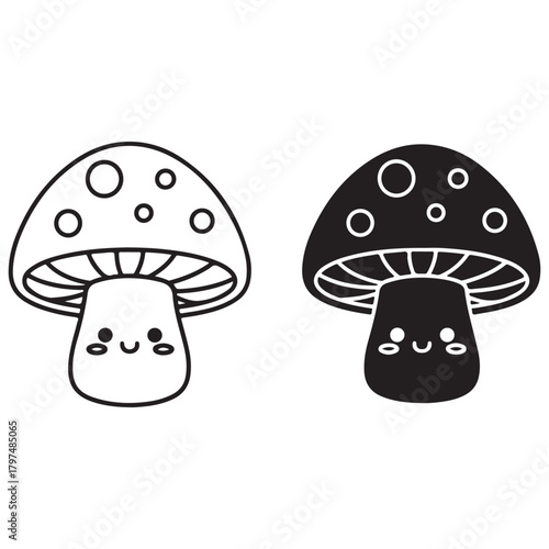 Cute Monochrome Mushroom Characters in Outline and Silhouette Styles