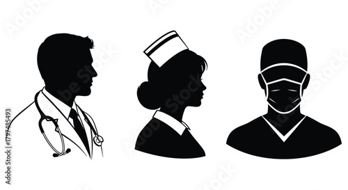 Medical professional doctor nurse surgeon wearing mask headshot silhouettes collection isolated white background