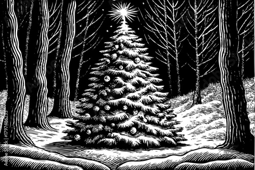 decorated Christmas tree stands alone in a snowy forest clearing, glowing warmly against cold white surroundings and creating magical winter contrast