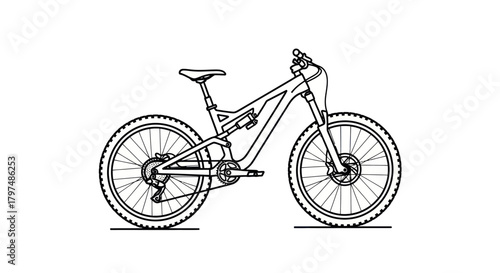 Detailed Line Art Illustration of a Full-Suspension Mountain Bike.