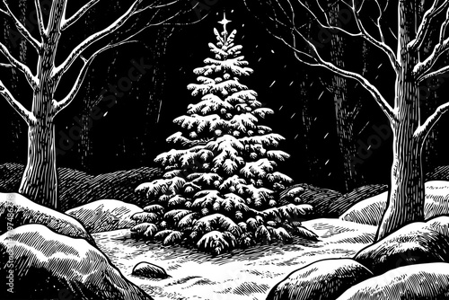 decorated Christmas tree stands alone in a snowy forest clearing, glowing warmly against cold white surroundings and creating magical winter contrast