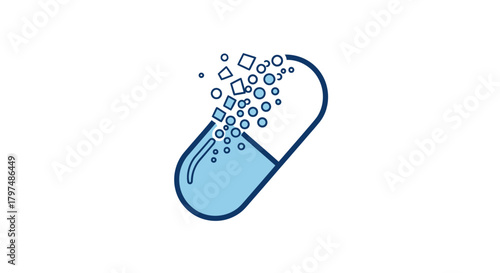 A blue medical capsule dissolving and releasing its active ingredient particles as a stylized icon.