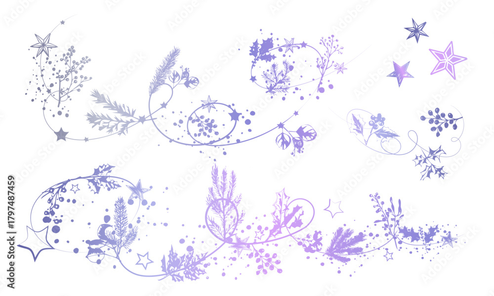 Obraz premium Elegant Christmas botanical vector illustration with festive branches, holly, pine foliage, decorative stars, swirling ornament lines and detailed natural winter elements in harmonious composition.