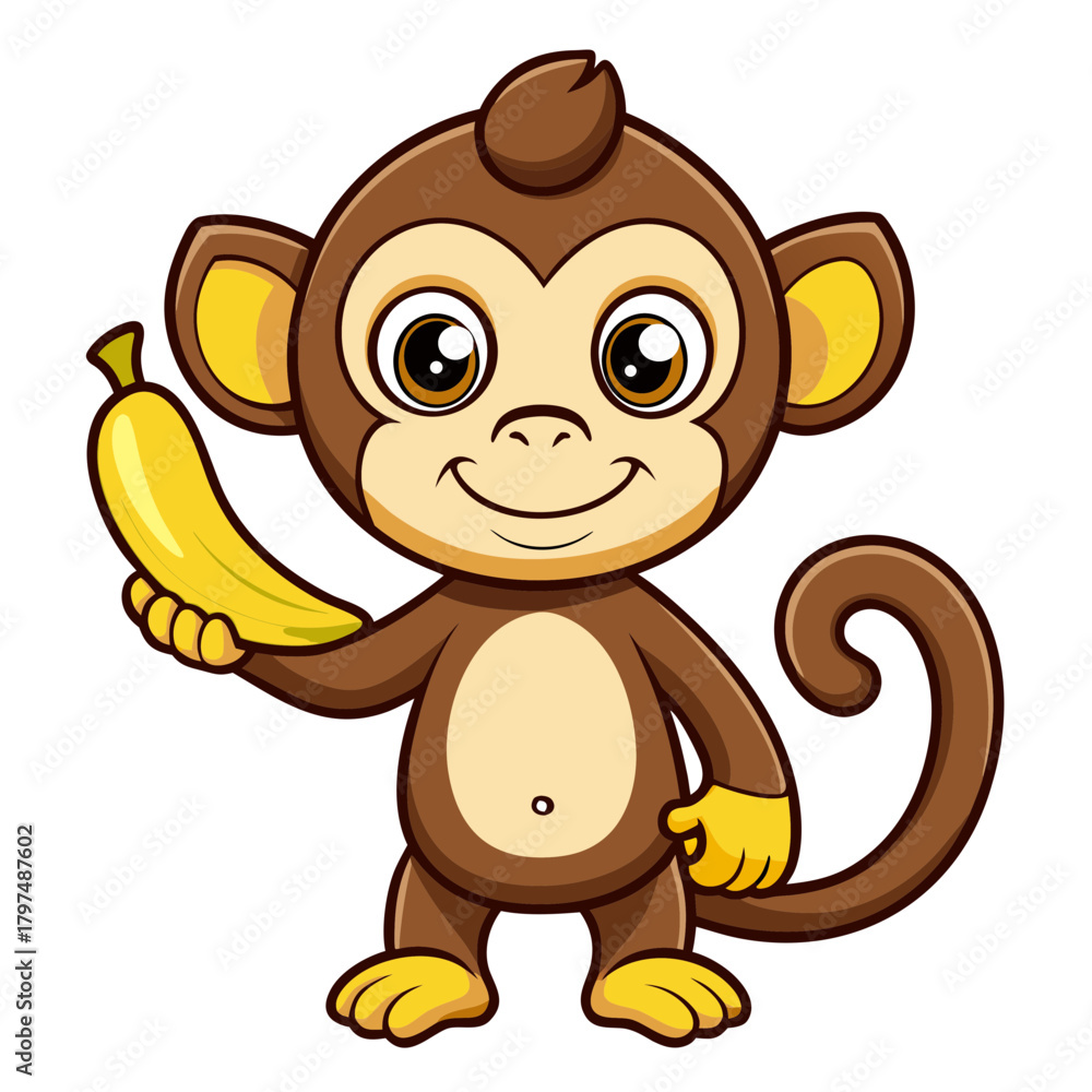 Obraz premium Cartoon monkey holding a banana in its left hand on transparent background