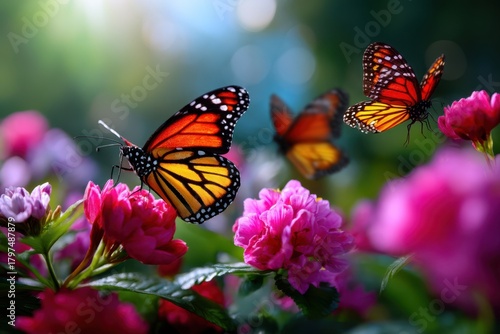 Monarch butterflies fluttering around vibrant flowers in a sunny garden setting