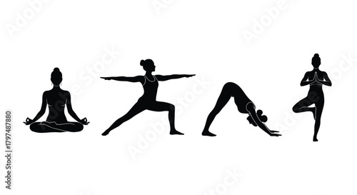 Yoga poses women silhouettes meditation exercise healthy lifestyle isolated collection on white background