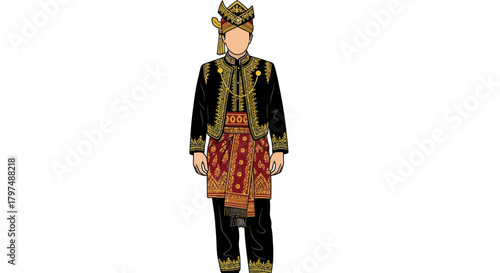 Traditional Malay Indonesian ceremonial costume for man with ornate gold embroidery and headpiece.