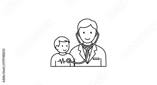 Doctor examining a child with a stethoscope line art illustration.