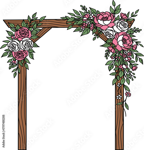 Rustic Wooden Wedding Arch with Pink and White Roses Floral Decoration Vector Illustration - Ceremony Graphic