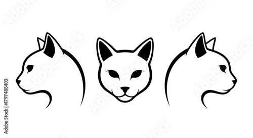 Minimalist Cat Head Line Art Vector Set - Feline Pet Logo or Animal Icon