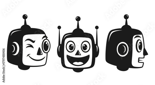 Vector Set of Retro Robot Head Characters - Vintage Sci-Fi Mascot and AI Symbol