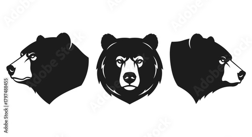 Black and White Grizzly Bear Head Vector Set - Wild Animal Mascot or Logo Design