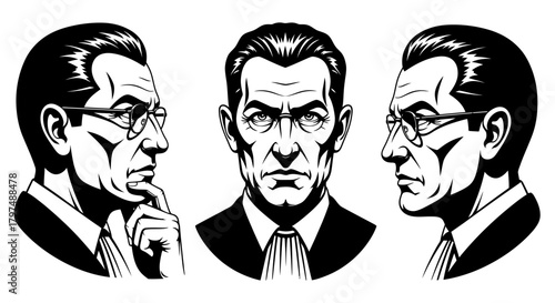Vector Set of Lawyer or Judge Head Portraits - Serious Attorney Mascot or Law Icon