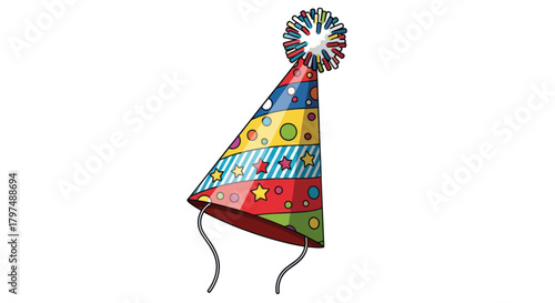 Festive Colorful Party Hat with Pom-Pom and Strings.