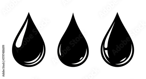 Black Glossy Liquid Drop Vector Set - Oil, Water, or Petroleum Icon Collection