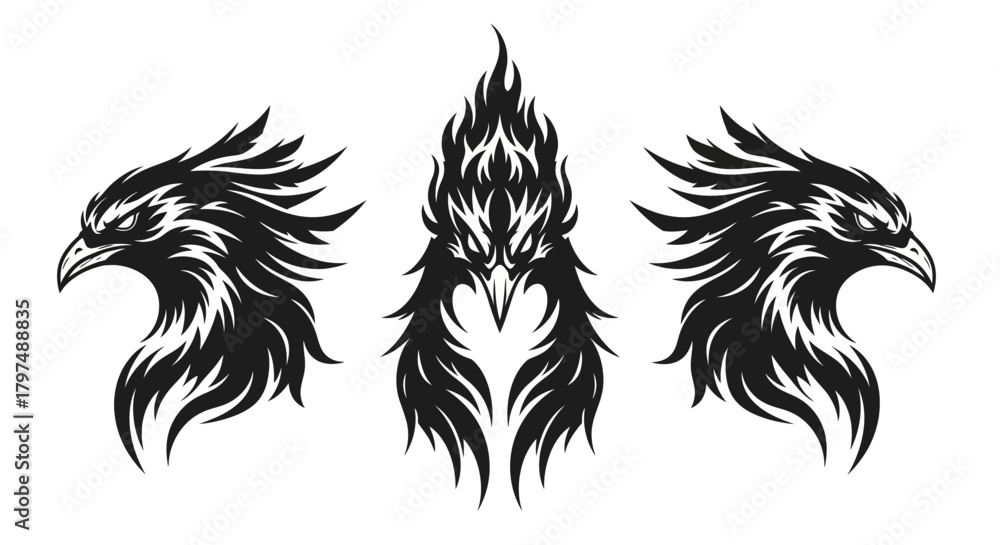 Fototapeta premium Set of Aggressive Eagle Head Logo Icons, Black Silhouette Vector of Stylized Phoenix Mascot