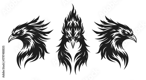 Set of Aggressive Eagle Head Logo Icons, Black Silhouette Vector of Stylized Phoenix Mascot