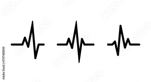 Heartbeat Pulse Line Icon Set, ECG EKG Wave Rhythm, Black Silhouette Vector