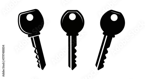 Set of Key Icons, Black Silhouette Design of House and Car Keys, Vector Illustration