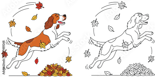Cute cartoon dog joyfully leaping and playing in a pile of colorful autumn leaves, perfect for fall-themed designs and children's illustrations.
