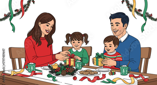 Joyful family shares precious moments around a festive table, unwrapping colorful holiday gifts and celebrating the spirit of Christmas together