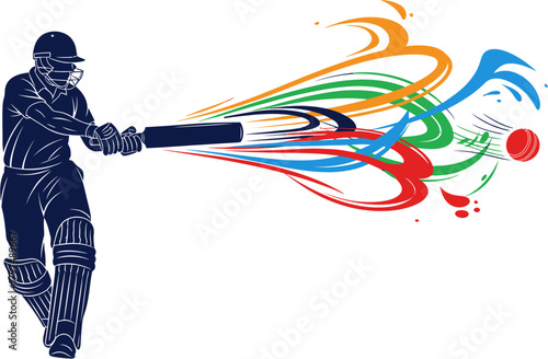 Vibrant illustration of a cricket player striking a ball, with colorful abstract trails showing speed and energy. This dynamic graphic captures the excitement of sports