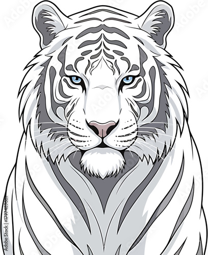 Captivating illustration of a majestic white tiger, showcasing its striking blue eyes and pristine fur pattern, exuding a powerful and serene presence
