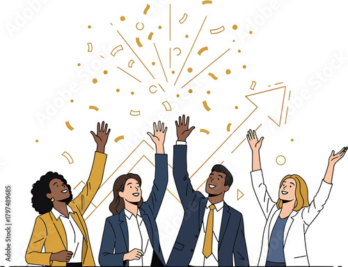 Celebrating Success Diverse Team Celebrating Achievements with Confetti and Rising Arrow