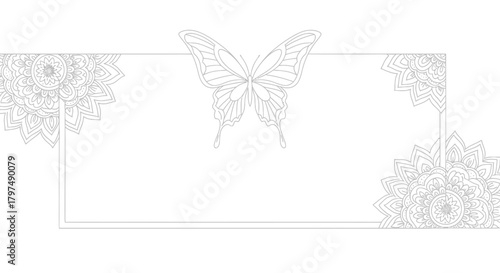 Elegant rectangular frame with a delicate line art butterfly and intricate floral mandala corner decorations.