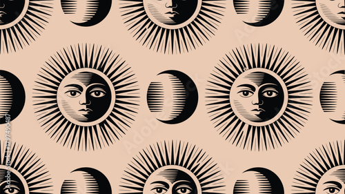Engraving style sun and moon repeating pattern in black and beige offers timeless appeal for backgrounds, textiles, and branding projects.
