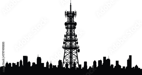 Silhouette of large telecommunications tower rising above modern city skyline, symbolizing wireless communication, broadcast technology, digital networks, and urban infrastructure development