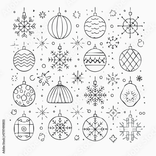 Elegant monochrome Christmas ornament vector set. Collection of thin line icons, including intricate snowflakes, baubles, and geometric finial shapes.