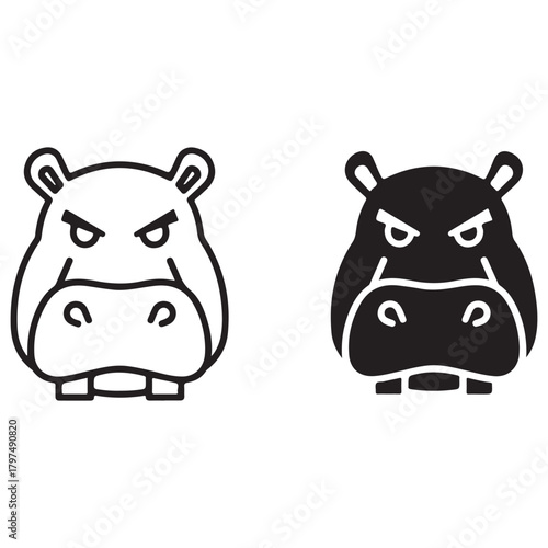 Angry Hippopotamus Head Illustration in Outline and Solid Styles