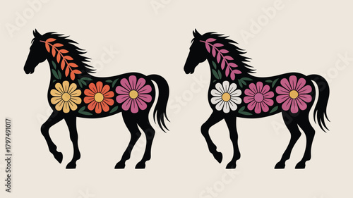 Elegant floral horse design for bohemian invitations and modern wall art, perfect for a nature inspired nursery or a festive Cinco de Mayo celebration
