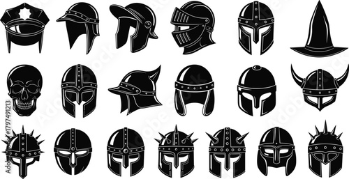 Collection of medieval and fantasy helmet silhouettes including Viking, knight, warrior, gladiator, skull and battle headgear for illustration and design projects