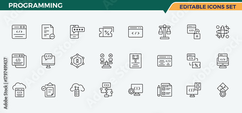 Programming linear icon set. Includes thin line symbols website, technology, app, development, coding, programming coding. Coding icon set. Vector icons collection. Editable stroke. Pixel Perfect.