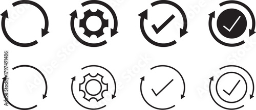 Repeat icon .Update icon set. Moving gears with circular arrows. progress bar and install icon.
