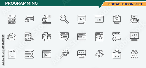 Programming linear icon set. Includes thin line symbols website, technology, app, development, coding, programming coding. Coding icon set. Vector icons collection. Editable stroke. Pixel Perfect.