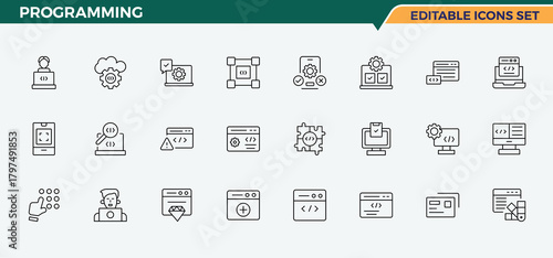 Programming linear icon set. Includes thin line symbols website, technology, app, development, coding, programming coding. Coding icon set. Vector icons collection. Editable stroke. Pixel Perfect.