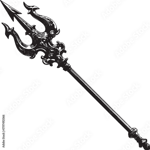 Ornate black trident weapon on a white background mythology