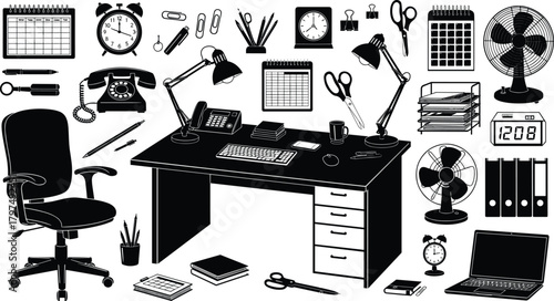 Large collection of office desk equipment silhouettes featuring chair, computer, telephone, stationery, calendar, lamps and workspace accessories for business design projects