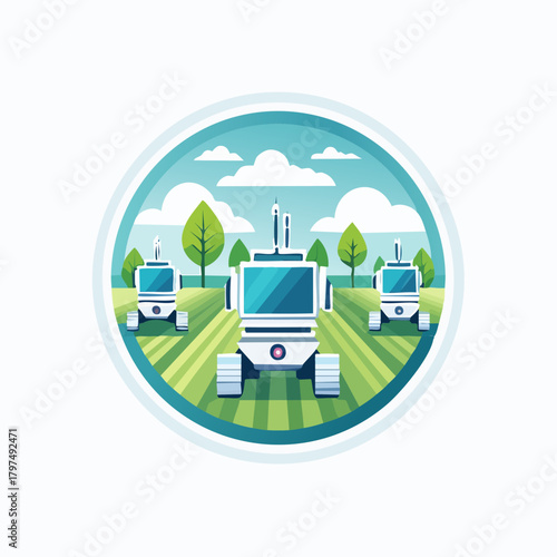 Autonomous agricultural robots working in a field.