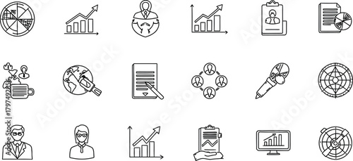 Collection of hand drawn business and finance icons representing growth analysis and investment concepts