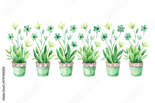 Watercolor seamless pattern of home plants in pots, Hand painted green flowers for textile

