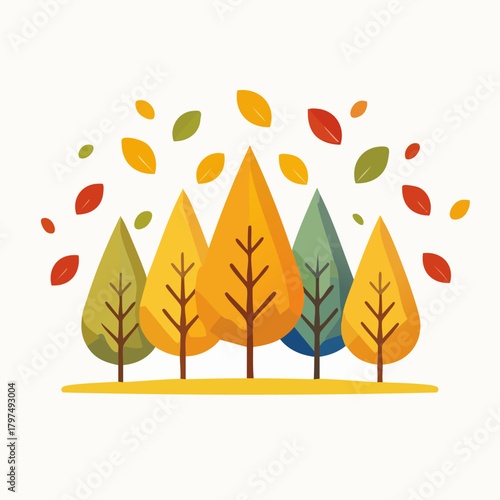 Autumnal trees and falling leaves in vibrant colors.