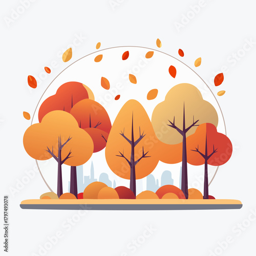 Autumnal trees illustration with falling leaves and a circular frame.