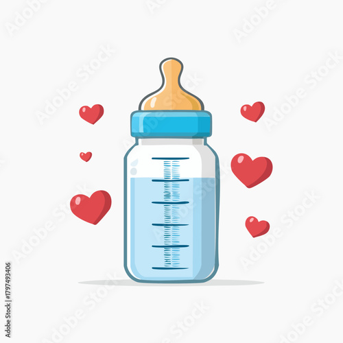 Baby bottle with hearts illustration.
