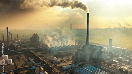 Aerial shot of an oil refinery and chemical plant industrial complex with smoke stacks emitting smoke, causing air pollution.