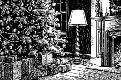 black and white beautifully decorated Christmas tree stands beside a fireplace inside a warm living room, with gifts, soft lighting, and holiday atmosphere